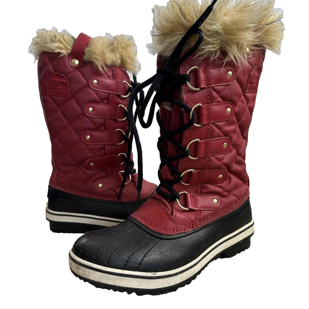 Sorel Joan of Arc Red Waterproof Snow Boots Womens 7 Faux Fur Quilted Winter - Picture 1 of 9